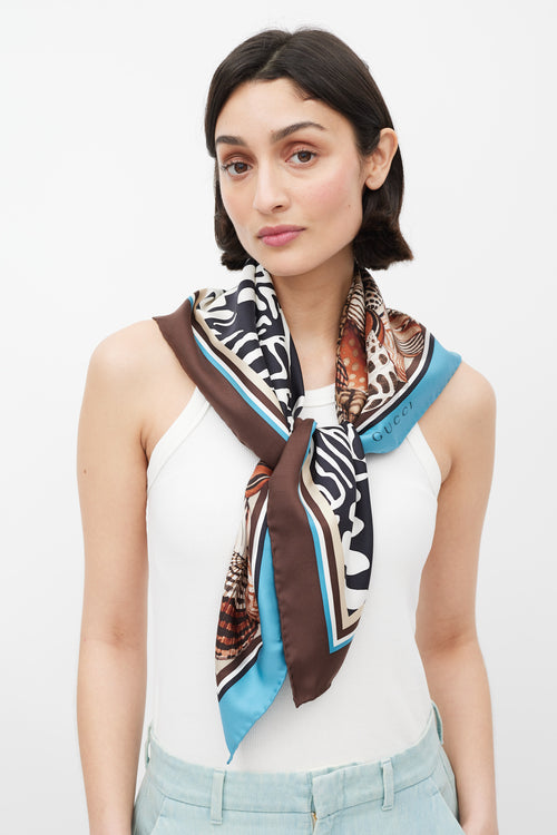 Gucci Brown & Multi Shell Printed Silk Scarf