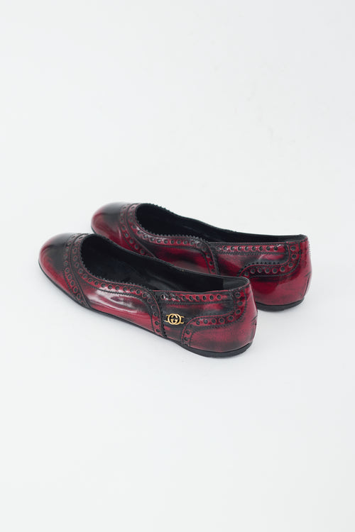 Gucci Burgundy & Black Leather Brogue GG Ballet Flat