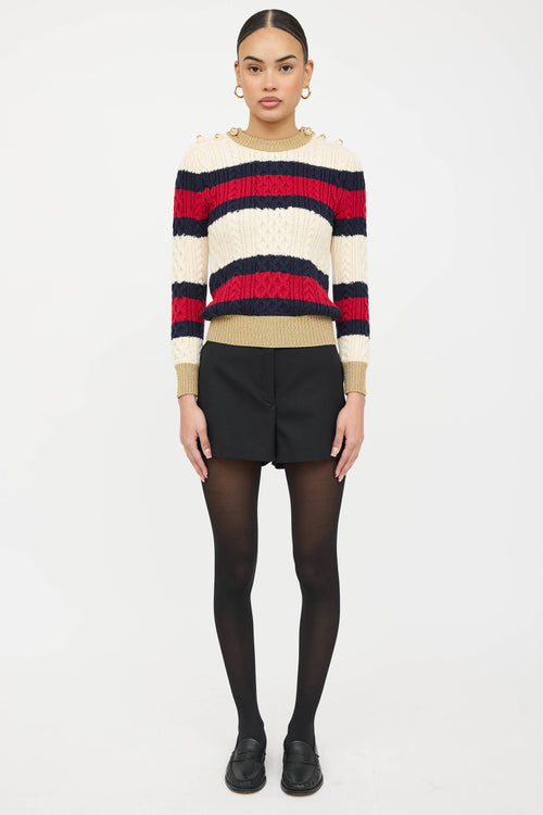 Gucci Wool Cableknit Striped Faux Pearl Sweater