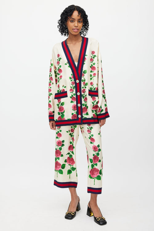 Gucci Cream & Multi Silk Floral Web Cardigan & Pant Set