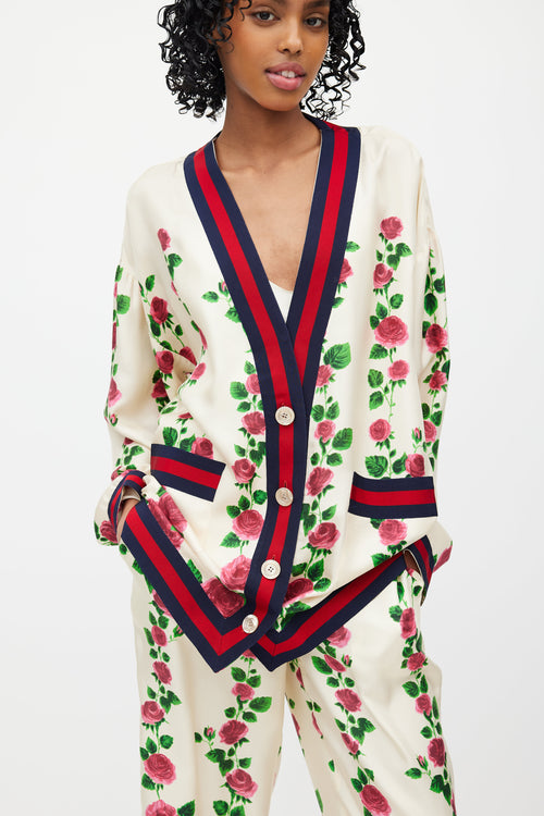 Gucci Cream & Multi Silk Floral Web Cardigan & Pant Set