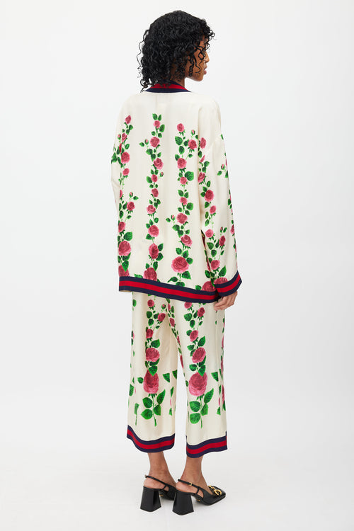 Gucci Cream & Multi Silk Floral Web Cardigan & Pant Set