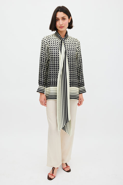 Gucci Cream & Black Geometric Tie Neck Shirt