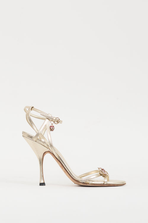 Gucci Gold & Multicolour Leather Metallic Jewel Sandal