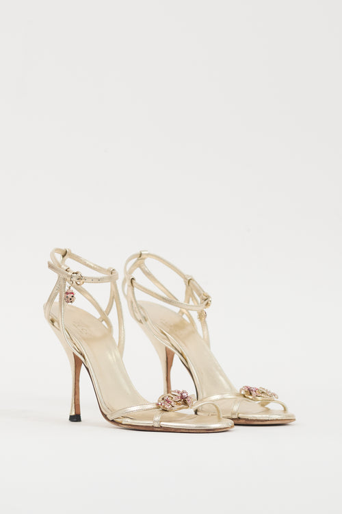 Gucci Gold & Multicolour Leather Metallic Jewel Sandal
