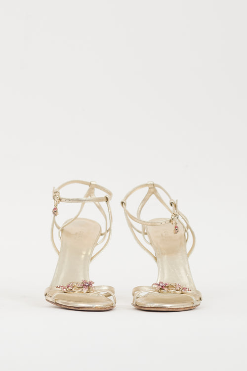 Gucci Gold & Multicolour Leather Metallic Jewel Sandal
