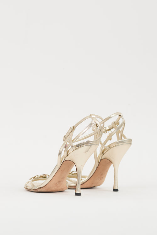 Gucci Gold & Multicolour Leather Metallic Jewel Sandal