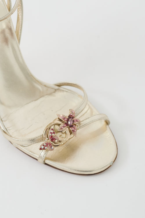 Gucci Gold & Multicolour Leather Metallic Jewel Sandal