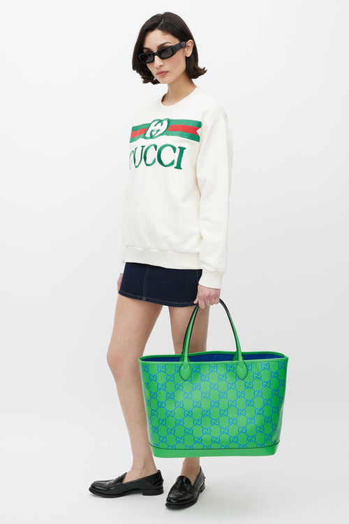 Gucci Green & Blue GG Embossed Leather Large Tote