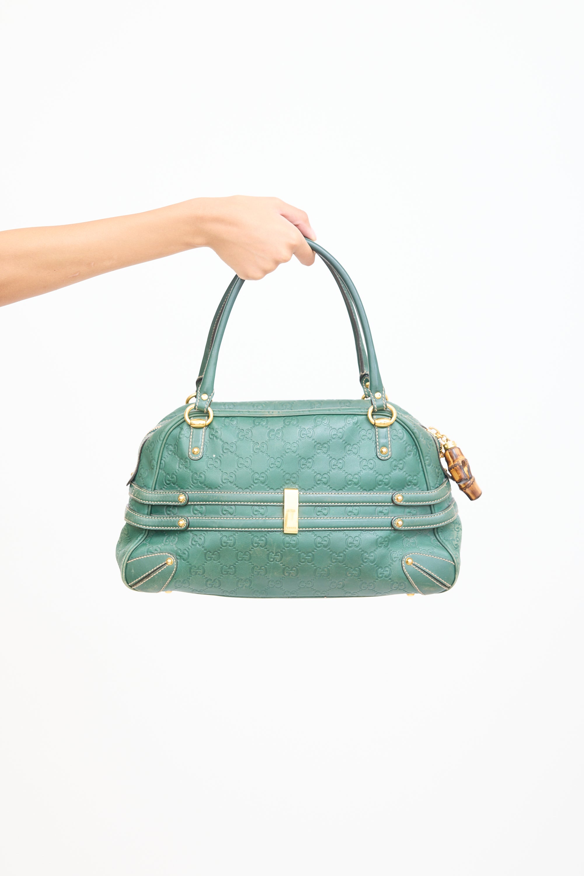 Gucci Green Leather Boston Monogram Bag