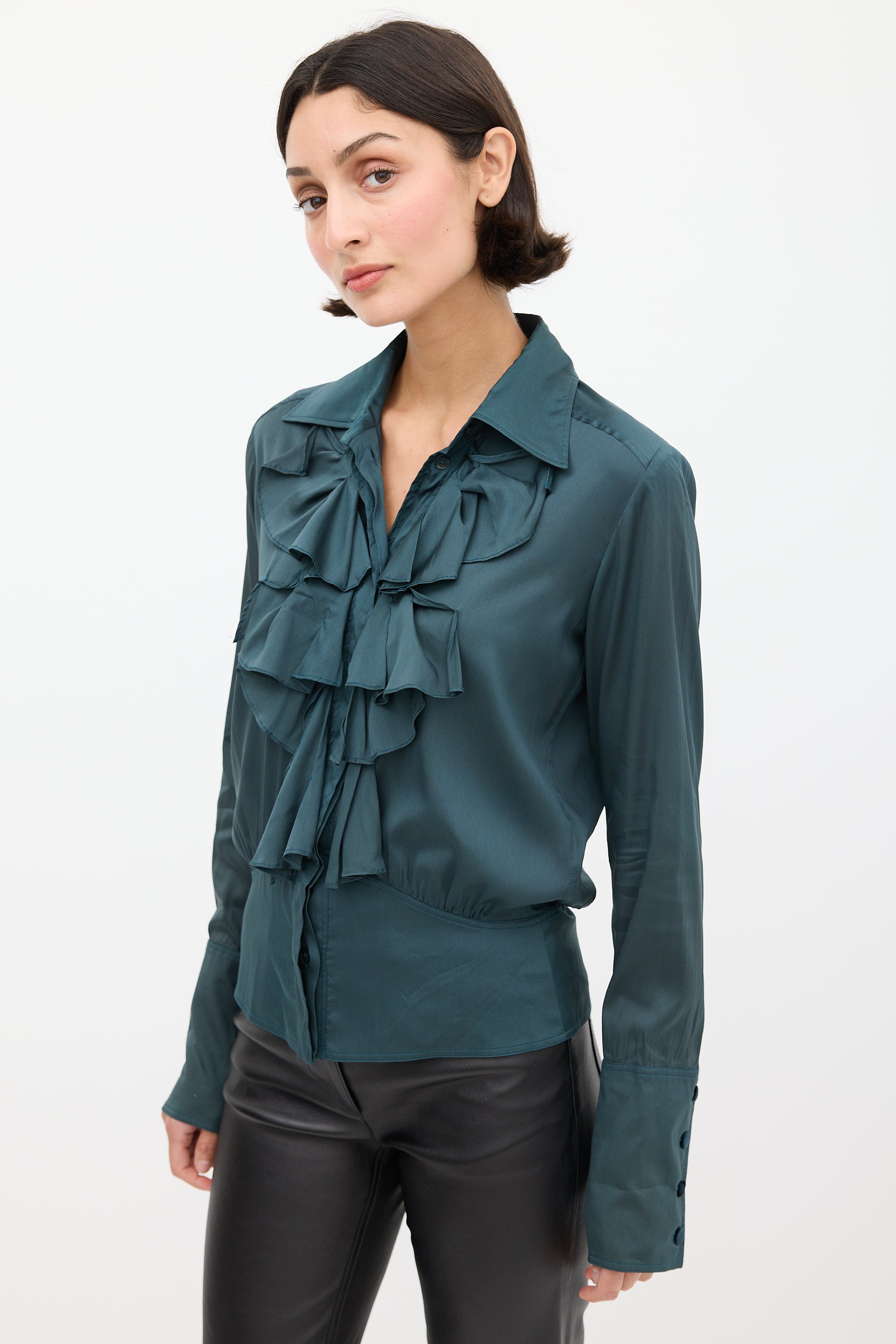 Gucci Green Silk Ruffled Shirt