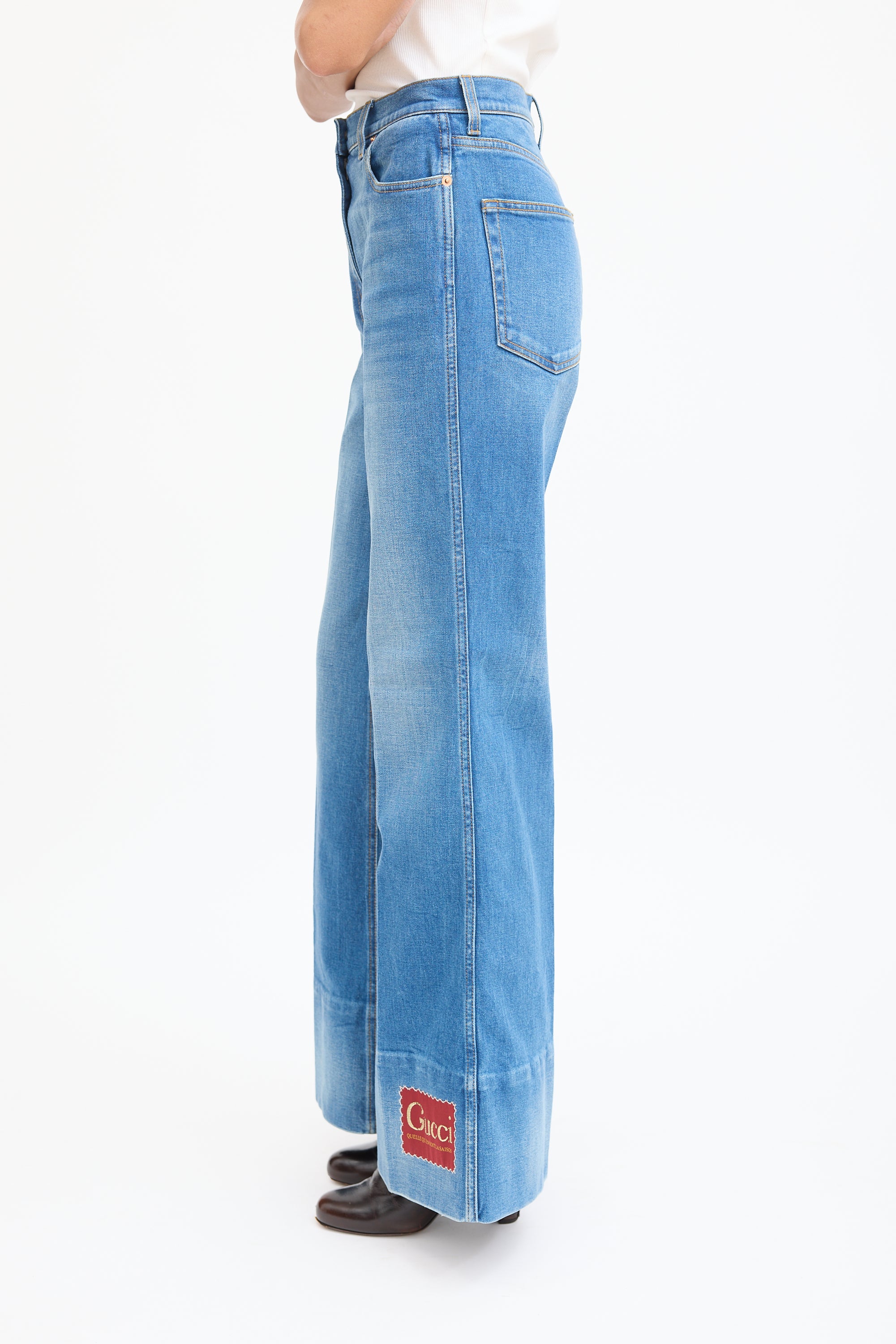 Gucci Medium Wash Logo Patch Flared Jeans