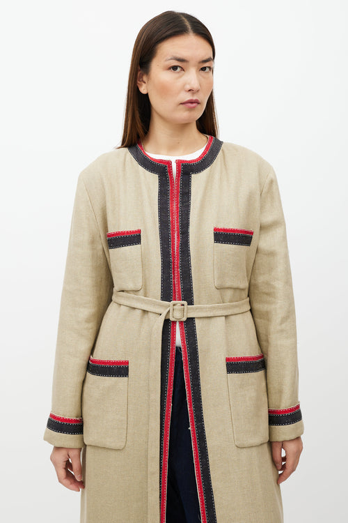 Gucci Beige & Multicolour Belted Wool Coat