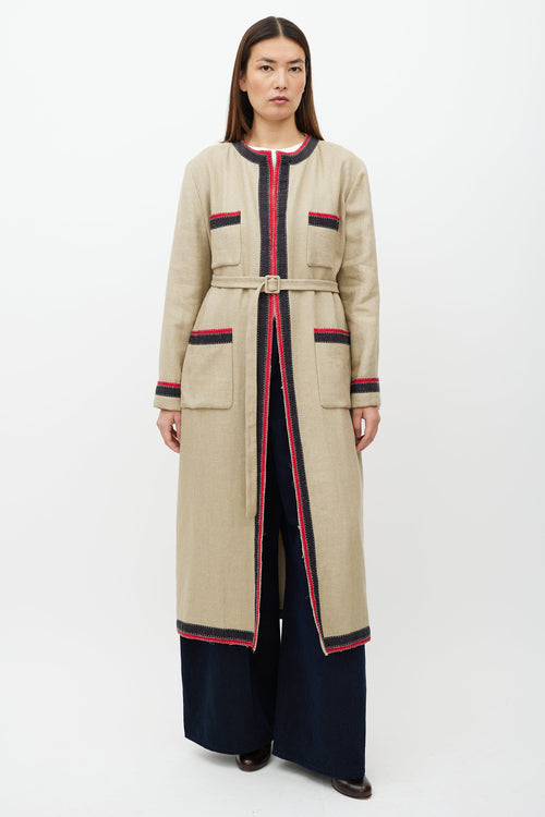 Gucci Beige & Multicolour Belted Wool Coat