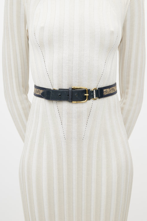 Gucci Navy & Gold Leather Paisley Belt
