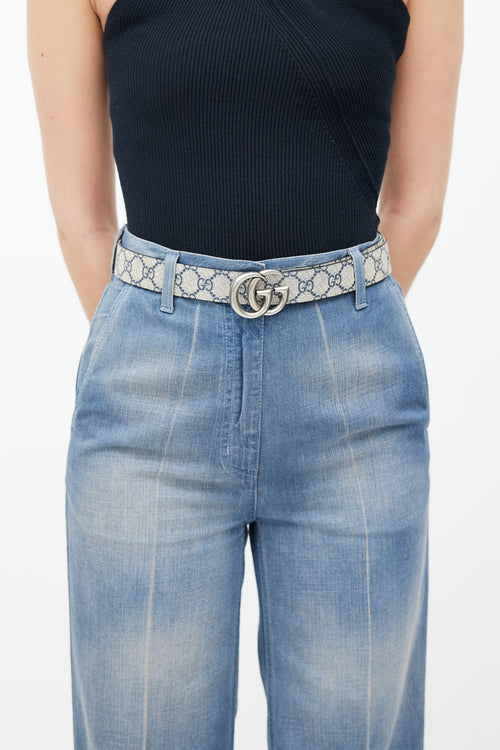Gucci Navy & Grey GG Supreme Canvas Marmont Buckle Belt