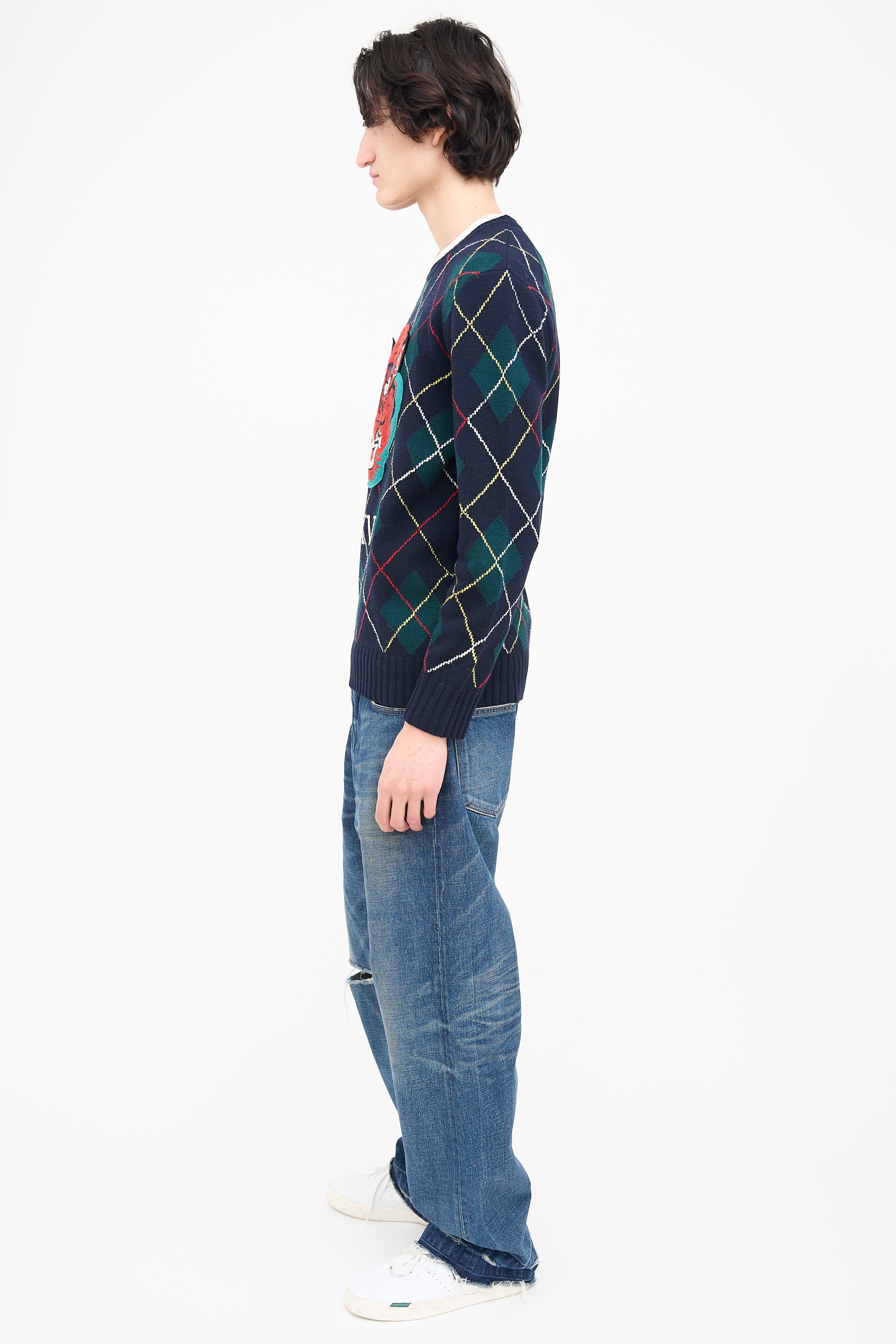 Gucci Navy & Multi Embroidered Argyle Sweater