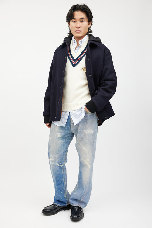 Gucci Navy & Multicolour Striped Wool Hooded Coat