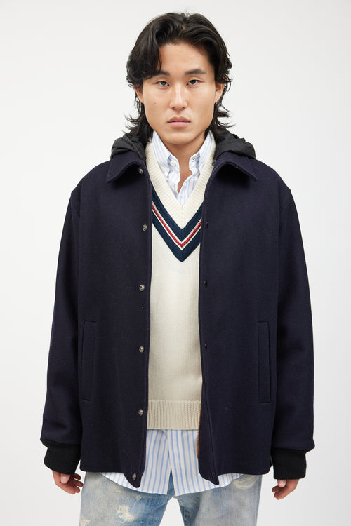 Gucci Navy & Multicolour Striped Wool Hooded Coat