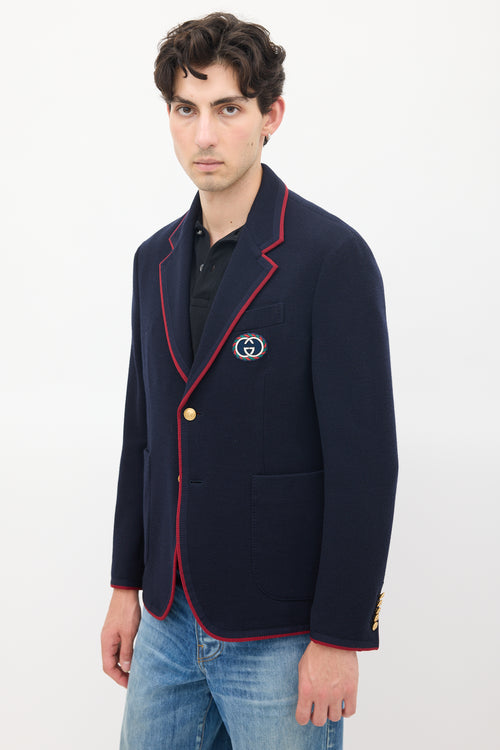 Gucci Navy Wool & Cotton Knit Patch Logo Blazer