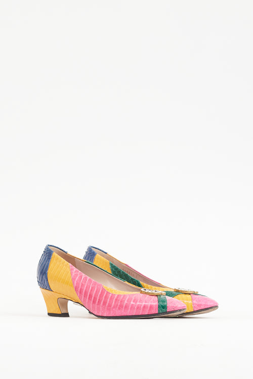 Gucci Pink & Multicolour Textured Leather GG Pump