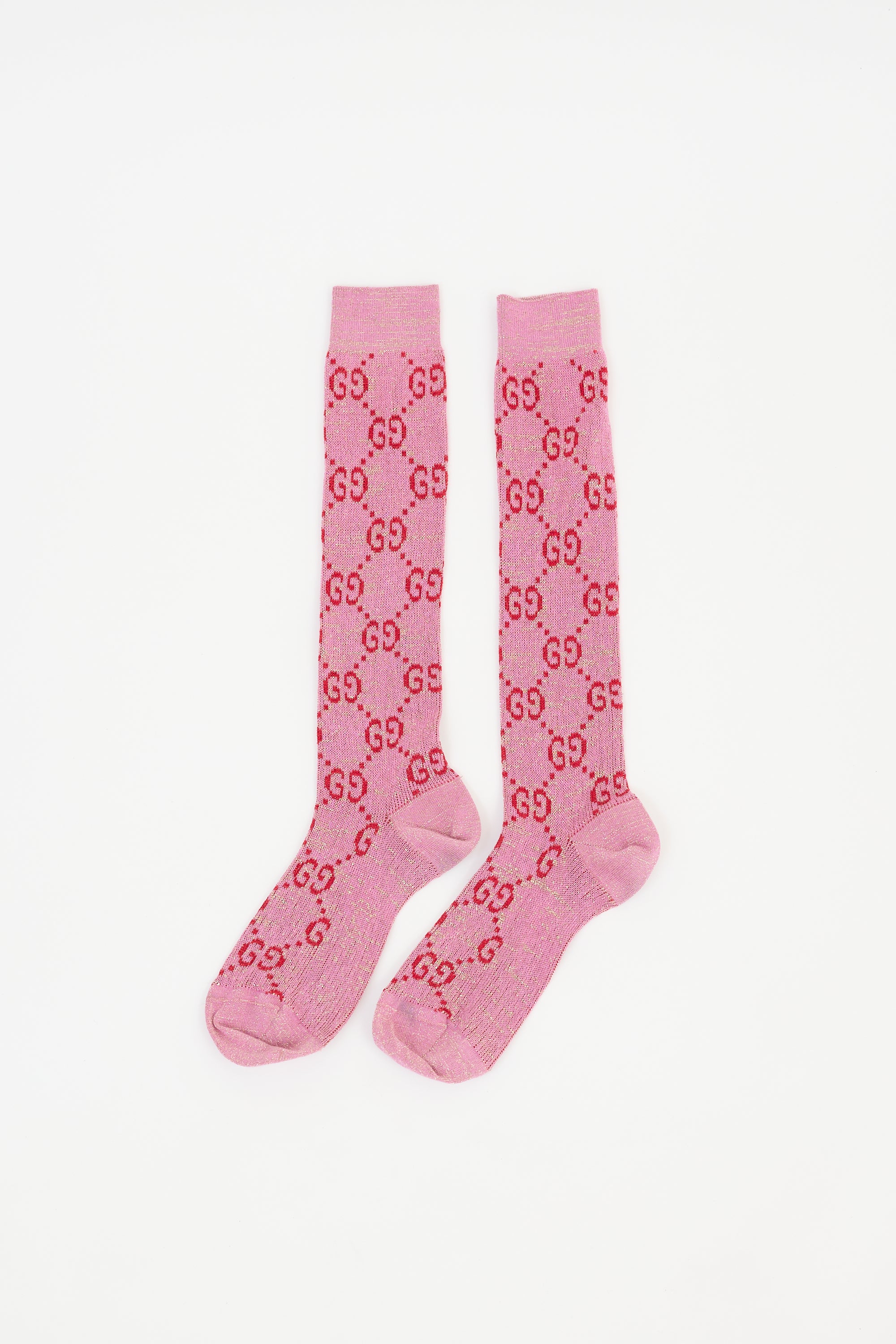 Gucci Pink & Red Lurex Knit GG Monogram Socks