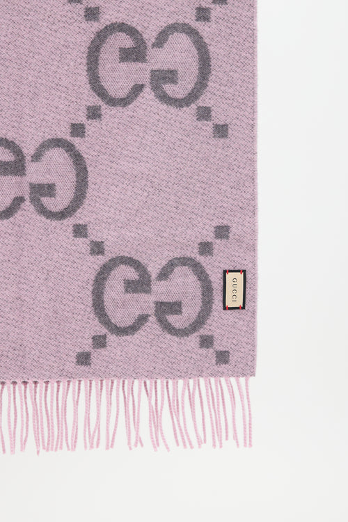 Gucci Purple & Grey Cashmere Intarsia GG Logo Fringe Scarf