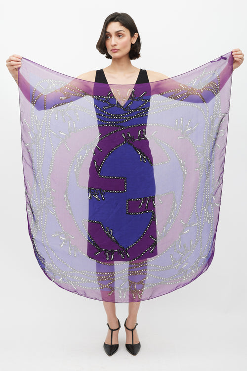 Gucci Purple & Navy GG Chain Printed Silk Scarf