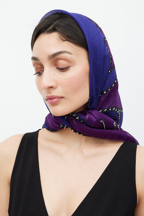 Gucci Purple & Navy GG Chain Printed Silk Scarf