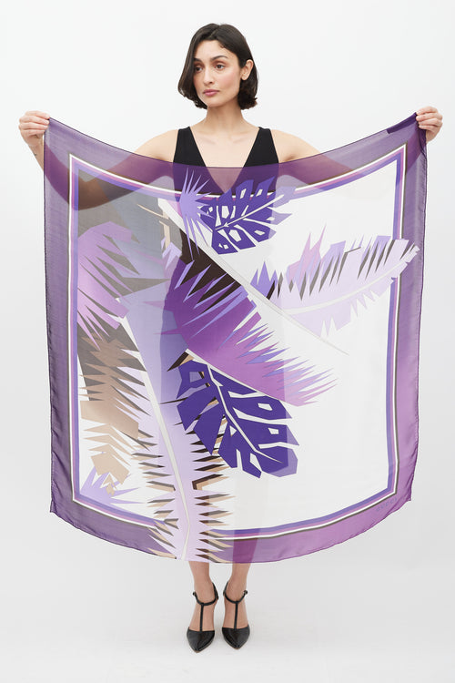 Gucci Purple & White Leaf Printed Silk Scarf
