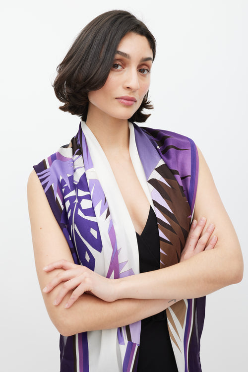 Gucci Purple & White Leaf Printed Silk Scarf