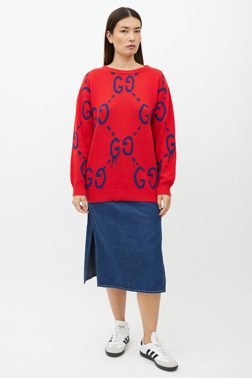 Gucci Red & Blue GG Intarsia Knit Sweater