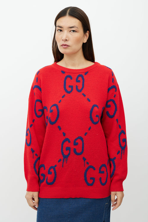 Gucci Red & Blue GG Intarsia Knit Sweater