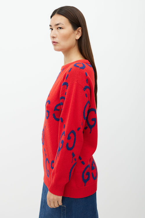 Gucci Red & Blue GG Intarsia Knit Sweater