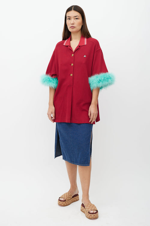 Gucci Red & Green Feather Trim Polo