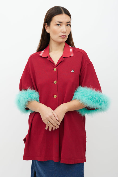 Gucci Red & Green Feather Trim Polo