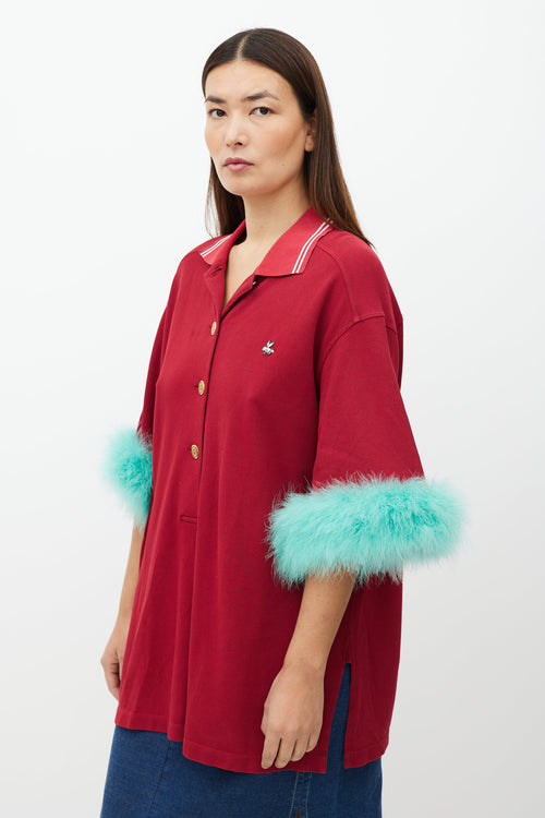 Gucci Red & Green Feather Trim Polo