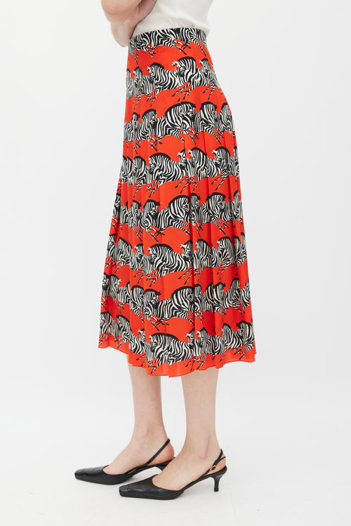 Gucci Red & Multicolour Silk Pleated Skirt