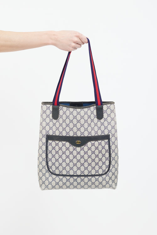 Gucci Vintage Navy & Beige Sherry Line GG Plus Tote Bag