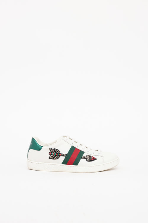 Gucci White & Green Multi Jeweled Arrow Sneaker