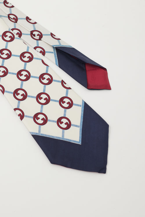 Gucci White & Multicolour Interlocking GG Monogram Tie