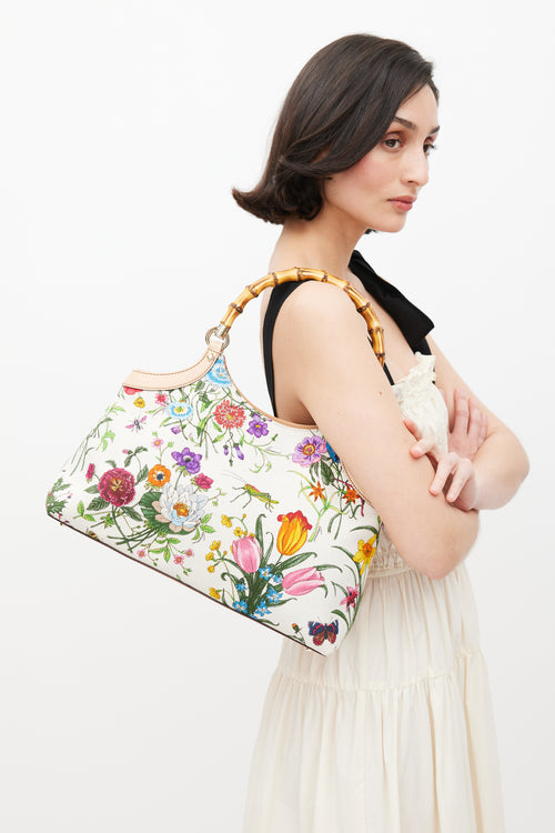 Gucci White & Multicolour Diana Floral Bamboo Handle Bag