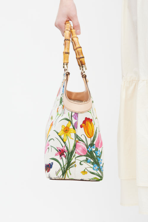 Gucci White & Multicolour Diana Floral Bamboo Handle Bag