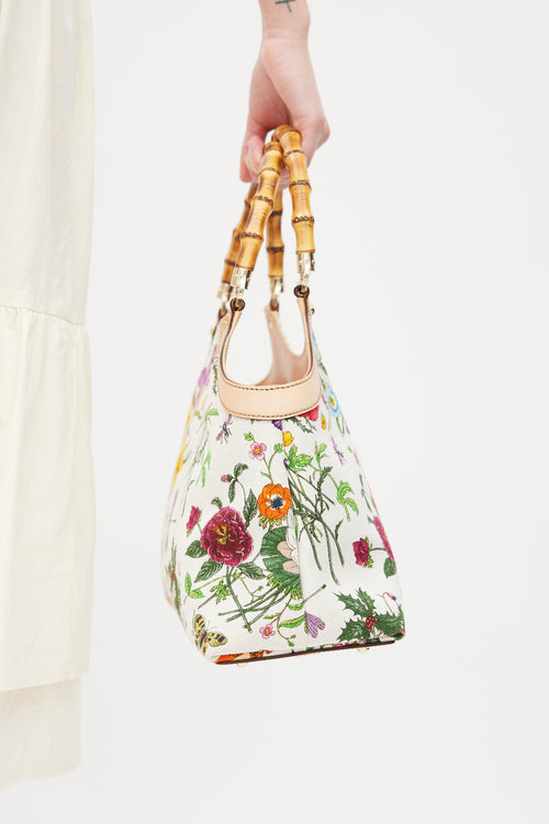 Gucci White & Multicolour Diana Floral Bamboo Handle Bag