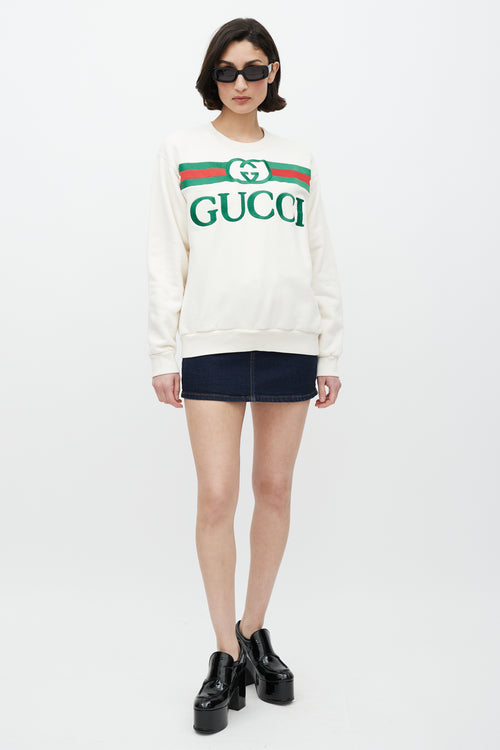 Gucci White & Multicolour Embroidered Logo Crewneck Sweater