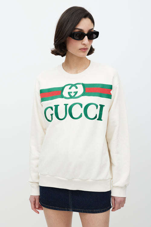 Gucci White & Multicolour Embroidered Logo Crewneck Sweater