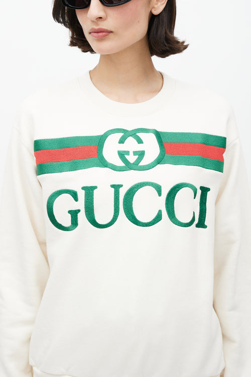 Gucci White & Multicolour Embroidered Logo Crewneck Sweater