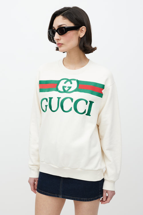 Gucci White & Multicolour Embroidered Logo Crewneck Sweater
