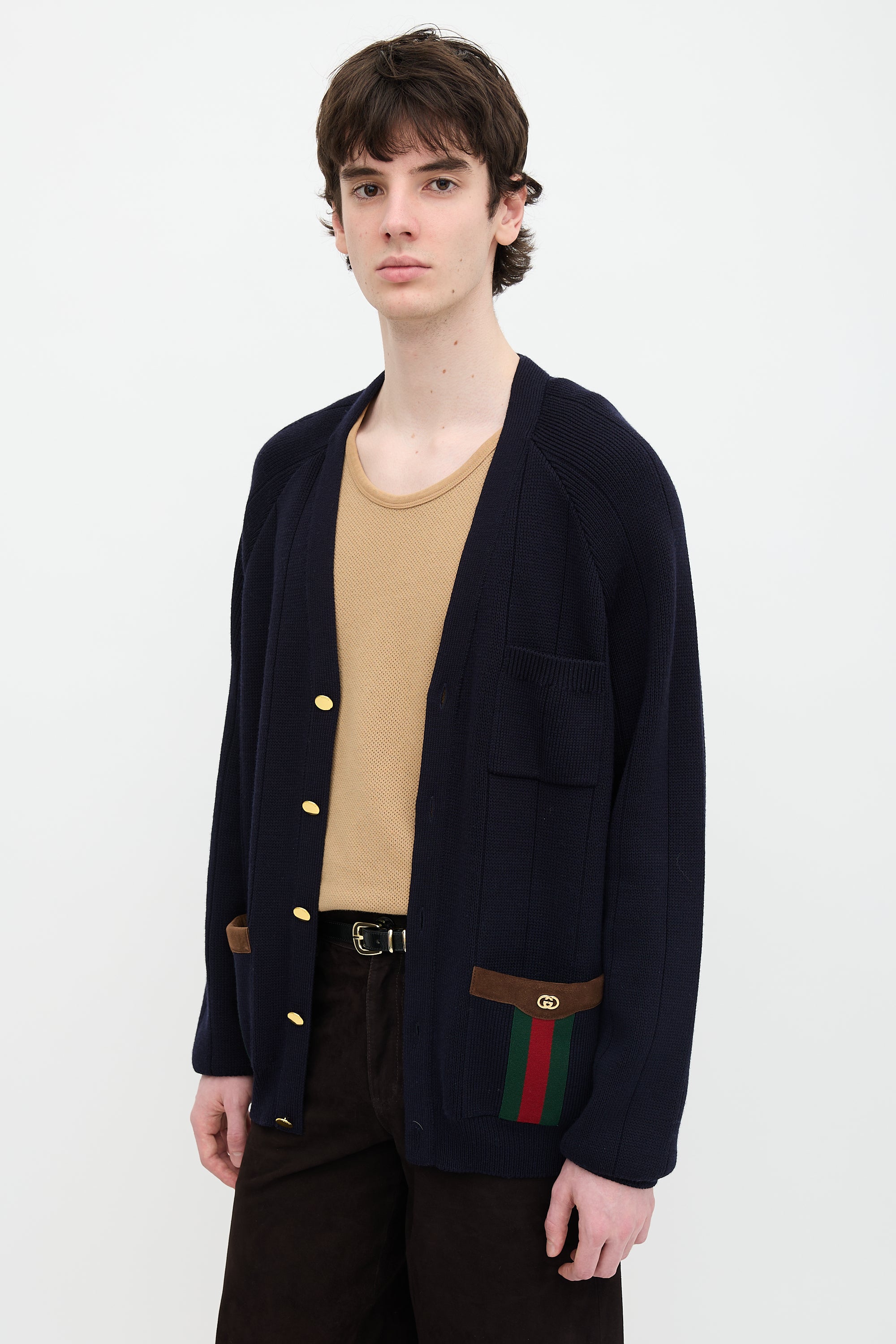 Gucci Wool Knit Web Trimmed Cardigan