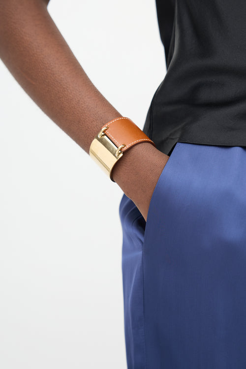 Hermès 2011 Brown Leather & Gold Plated Cuff Bracelet